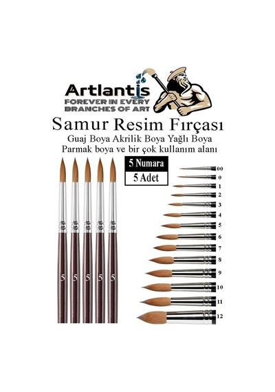 Resim Fırçası 5 Numara 5 Li 1 Paket Samur Yuvarlak Uçlu Fırça Seti Guaj Sulu Akrilik Yağlı Boya Fırçaları