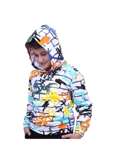 Fyk Kids Kapşonlu Desenli Unisex Sweatshirt Beyaz