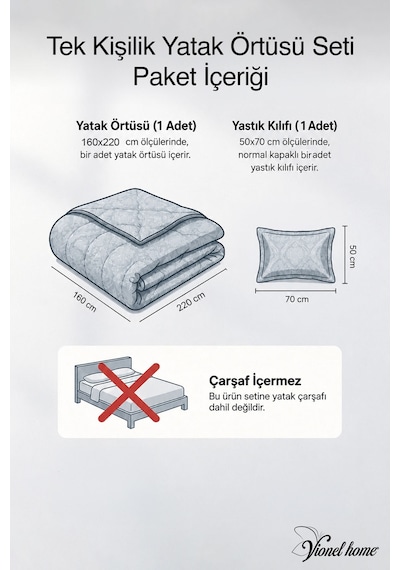 Lavinya Kapitone Tek Kişilik Yatak Örtüsü, Pike Seti, Çift Taraflı Kullanım, Çiçek Desenli 1 Adet Yastık Kılıfı , 160x220 Cm Gri