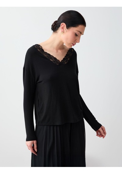 Jimmy Key Siyah Rahat Kesim V Yaka Dantel Detaylı Örme Bluz 6sw035662900