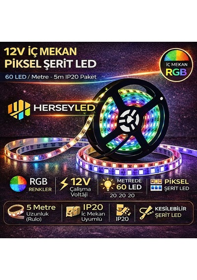 12v Piksel Şerit Led İç Mekan Ip20 60 Led/ Metre Ws2811 Pixel Led