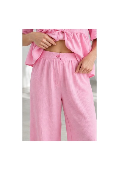 Mevese Bağlama Detaylı Kısa Kollu Bluz & Pantolon İkili Takım - Pembe Şeker Pembe