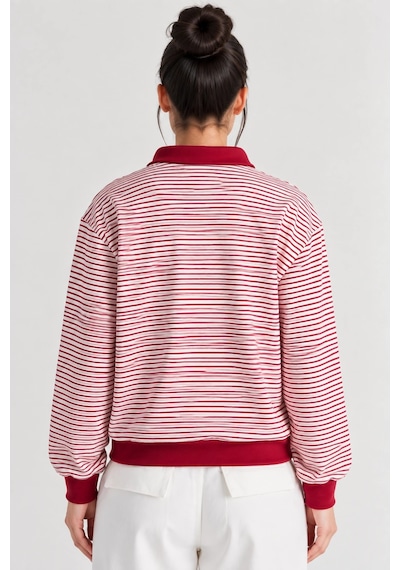 Mevese Çizgili Desen Polo Yaka Fermuarlı Oversize Kadın Sweatshirt - Bordo