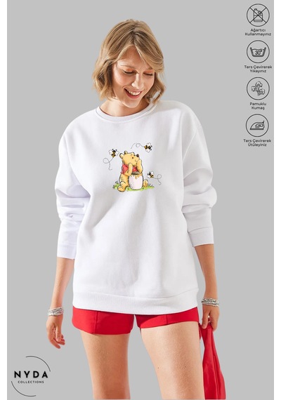 Unisex Uzun Kollu Winnie The Pooh Baskılı Bisiklet Yaka Kapüşonsuz Şardonlu Oversize Sweatshirt Beyaz