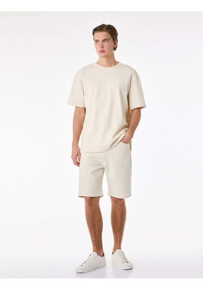 Koton Normal Bel Pamuklu Bermuda Straight Fit Jean Şort Ekru 6sam40387nd