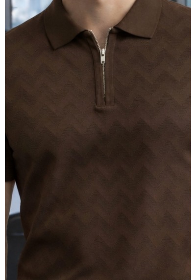 Erkek Slim Fit Fermuarlı Polo Yaka Triko Tişört Kahverengi