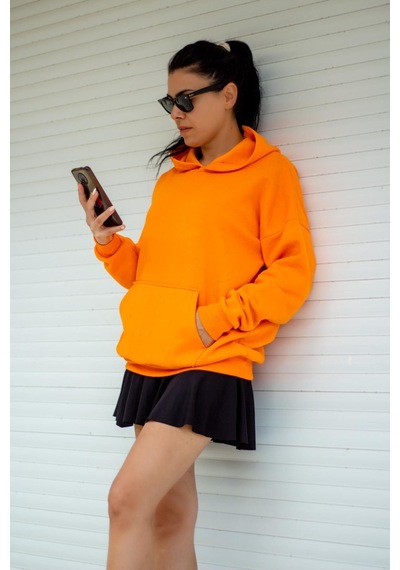 Azıcık Akıllı Kadın Turuncu Basic 3 Üç İplik Ekstra Kalın Kapüşonlu Kanguru Cep Uzun Kollu Sweatshirt 23kswtucpl 001