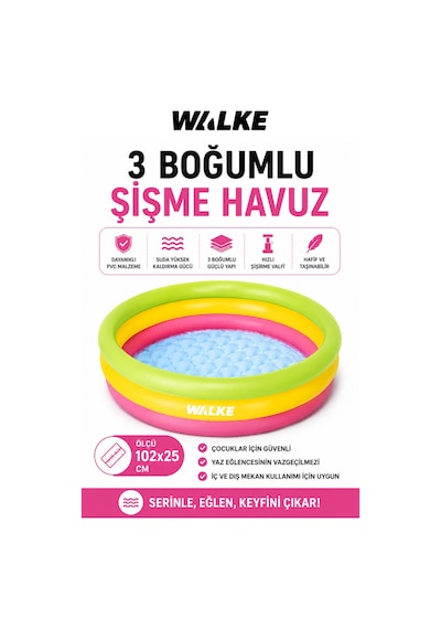 Walke Splash 3 Boğumlu Şişme Çocuk Havuzu 102x25 Cm Bahçe Ve Balkon Havuzu 14102 Çok Renkli