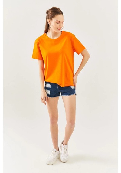 Kadın Oversize Rahat %100 Pamuklu Penye Bisiklet Yaka Kısa Kol Basic T-shirt Turuncu