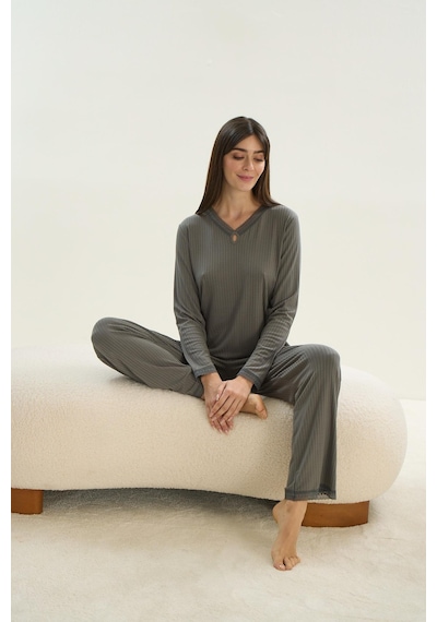 Sevim Kadın Uzun Kol Kaşkorse Haki Pijama Takım C7t7n1o61 001