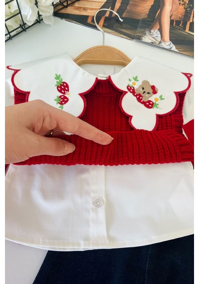 Minigimin Cicileri Çilek Yaka İşleme Detaylı Trikolu Çantalı Kız Bebek 4 Lü Takım - Kırmızı