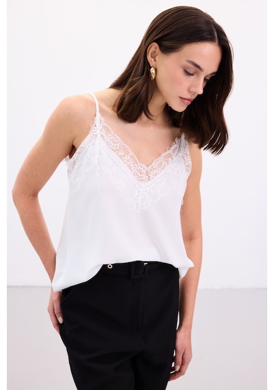 Sateen Dantel Detaylı Askılı Bluz - Ekru-136875 Ekru