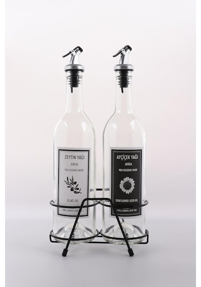 Şeffaf 750 Ml Siyah Beyaz Etiketli Siyah Standlı Akıtıcılı Yağlık Yağdanlık Diğer