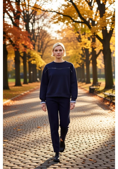 Benerly Kadın Bisiklet Yaka Düşük Kol Uzun Kollu Sweatshirt Fonksiyonel D Lacivert