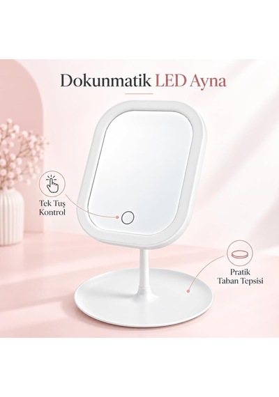 Led Işıklı Masaüstü Ayna, Dokunmatik Kontrol, Tepsili Taban, Kozmetik Model, Makyaj Aynası Beyaz, Dikdörtgen Genel
