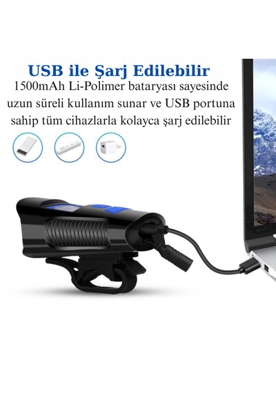 Lcd Ekran Şarjlı Bisiklet Işığı Hız Göstergeli Korna