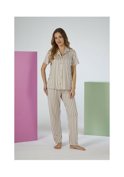 Estiva Kadın Pembe Çizgili Gri Kısa Kollu Önden Düğmeli Soft Pijama Takımı Çok renkli