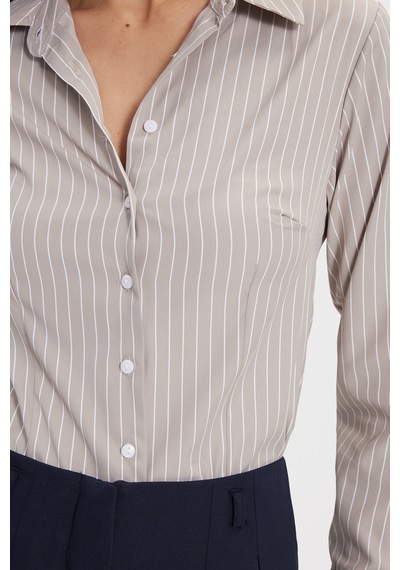 Tudors Kadın Slim Fit Dar Kesim Uzun Kollu Çizgili Bej Gömlek-50324