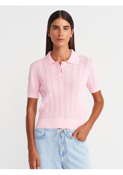 Dilvin 10781 Polo Yaka Düğmeli Ajurlu Triko Bluz-pembe Pembe