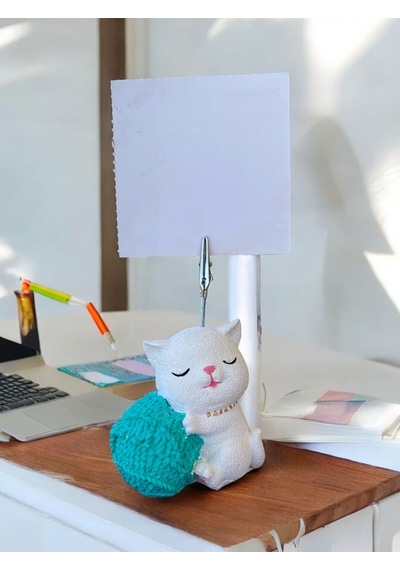 Turkuaz Yumaklı Oturan Kawaii Kedi Temalı Not Tutacağı Fotoğraf Tutacak Tutucu Ofis Hediyelik Turkuaz