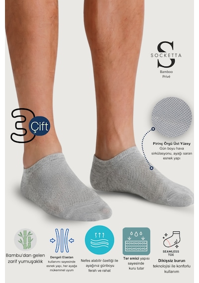 Socketta 3'lü Gri Melanj Erkek Bambu Dikişsiz Esnek Anatomik Topuk Görünmez Sneaker Patik Çorap - Premium Gri Melanj Socketta 3'lü Gri Melanj Erkek Bambu Dikişsiz Esnek Anatomik Topuk Görünmez Sneaker Patik Çorap - Premium Gri Melanj