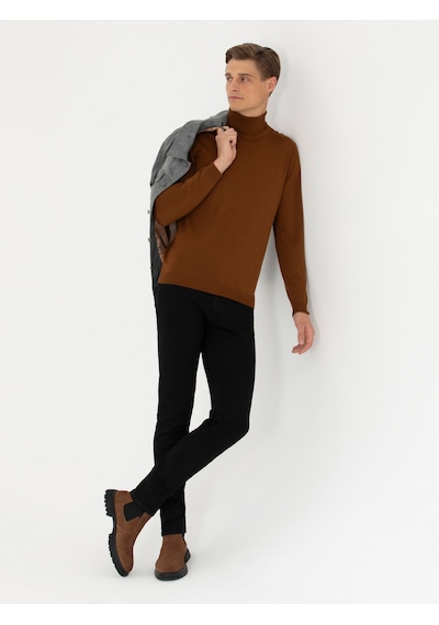 Cacharel Kahverengi Slim Fit Balıkçı Yaka Basic Triko Kazak