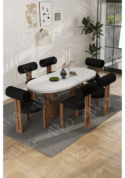 Avvio Bohem Ayak 6'lı Metal Pofi Demonte Sandalye 80x160 Masa Sandalye Takımı Beyaz Masa Sandalye Kumaşı Siyah Avvio Bohem Ayak 6'lı Metal Pofi Demonte Sandalye 80x160 Masa Sandalye Takımı Beyaz Masa Sandalye Kumaşı Siyah