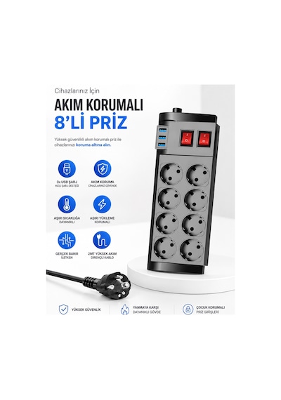 Ftr-08 4000w 16a Akım Korumalı 2 Anahtarlı 8'li Priz, 3 Usb Portl