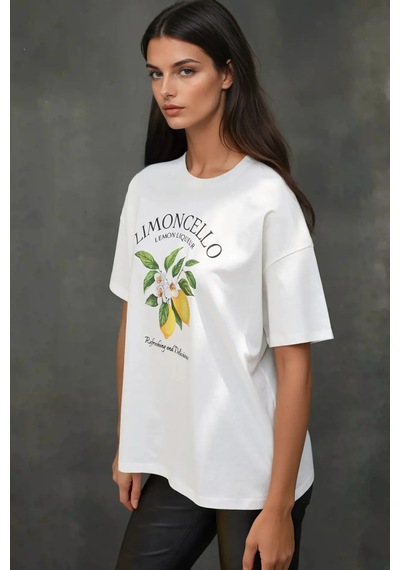 Hiccup Kadın %100 Pamuk Bisiklet Yaka Oversize Beyaz Baskılı T-shirt Kehribar Sarısı
