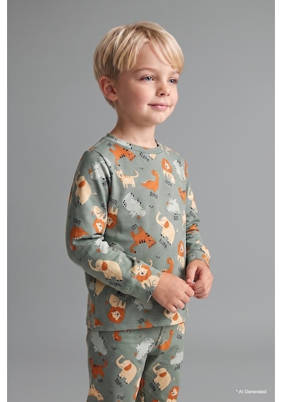 Defacto Baskılı Uzun Kollu Üst Lastikli Paça Alt 2li Pijama Takımı Erkek Bebek I1436a526augn1107 Yeşil-gn1107
