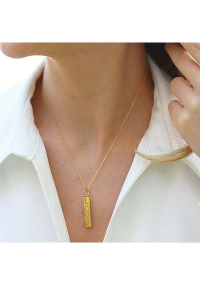 Love Taşlı Plaka Gold Gümüş Kolye Gümüş
