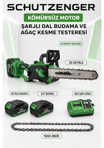 Odun Ağaç Kesme Dal Budama Testeresi Şarjlı Çift Akülü 10 Pilli Dijital Göstergeli Yeşil B110.