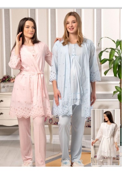 Bone Club 5816 Mavi Vual Penye Hamile Lohusa 3 Lü Pijama Sabahlık Tk 001