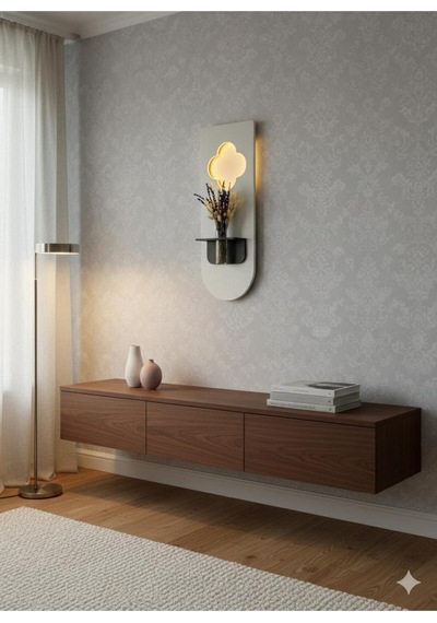 Papatya Ahşap Pilli Ledli İskandinav Tarzı Salon Duvar Rafı Modern Çiçeklik 30 X 80 Cm Paris Grisi - Antrasit