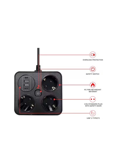 Akım Korumalı Anahtarlı Priz - 3x Priz - 2x Usb - 2x Type-c - 2 Mt Kablo Hızlı Şarj Özellikli Siyah 2 M