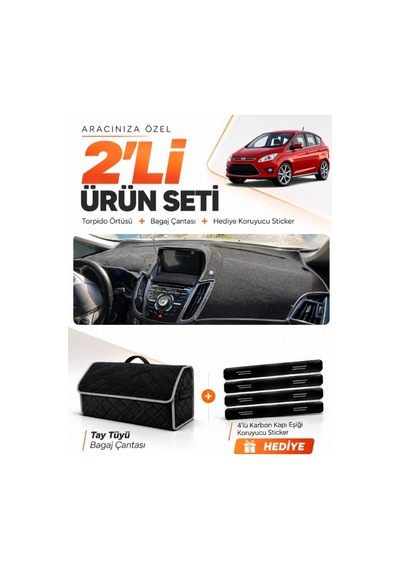 E-biz Ford C-max 2010-2014 Double Ekran Uyumlu Torpido Örtüsü + Tay Tüyü Çanta - Siyah-gri - Fo001