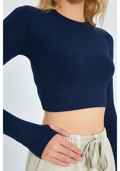 Mixray 2005 Kadın Bisiklet Yaka Parmak Geçmeli Crop Örme Bluz Lacivert Lacivert
