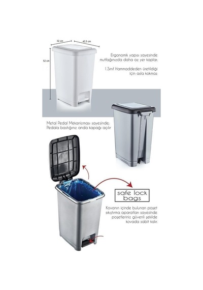 Omnipazar Sy4284 60 Lt Slim Pedallı Gri Plastik Çöp Kova Siyah Ka Siyah