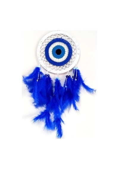 Saks Mavisi Kuş Tüylü Dream Catcher Nazar Boncuğu Motifli Düş Kapanı Duvar Süsü