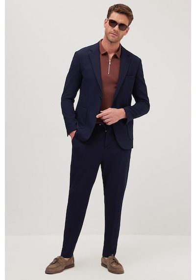 Tudors Erkek Regular Fit Lacivert Esnek Likralı Kumaş Mono Yaka Torba Cepli Takım Elbise-41311 Lacivert