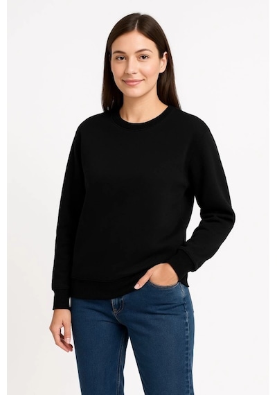 Üç İplik Düz Bisiklet Yaka Sweatshirt - Siyah Siyah