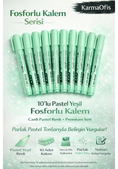 Fosforlu Kalem Seti 10'lu Pastel Yeşil Highlighter Pastel Yeşil