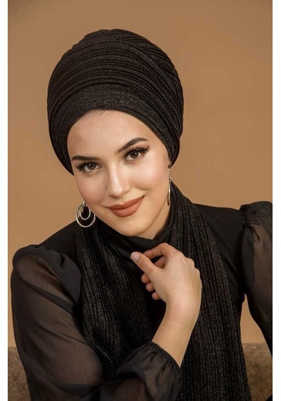 Aişe Tesettür Siyah Simli Piliseli Abiye Atkılı Bone