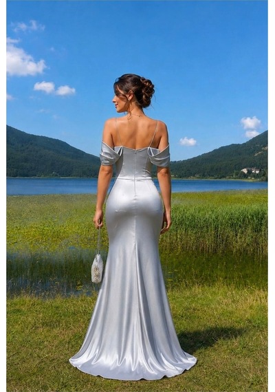 DefyModa Kadın Trend Tasarım Saten Kumaş Carmen Yaka Abiye Elbise Gri
