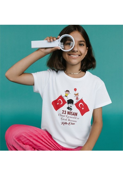 Alpşan Ticaret 23 Nisan Çocuk Bayramı Baskılı Çocuk Tişört 23 Nisan T-shirt 48 Beyaz