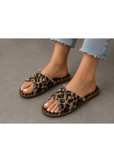 Dabab Shoes Helıa Kadın Gold Taş Detaylı Hasır Dokulu Fraseli Leopar Terlik