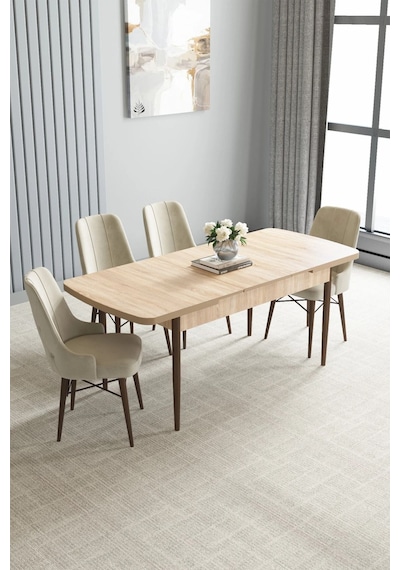 Zümra Serisi, Meşe Desen 80x132 Açılabilir Mdf Mutfak Masası Takımı 4 Adet Sandalye Krem