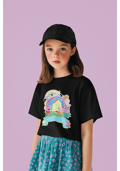 Sevbano Tasarım Peppa Pig Baskılı Unisex Çizgi Film Çocuk Tişört 1-12 Ya Siyah