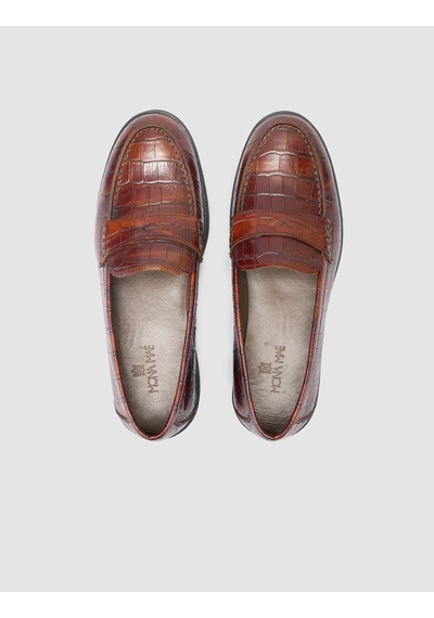 %100 Hakiki Deri Kahverengi Croco Desen Kadın Loafer Kahverengi