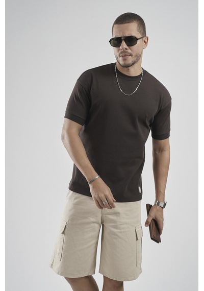 King Brich Slim Fit Kalıp Kolu Ribanalı Basic %100 Pamuklu Tişört Kahverengi